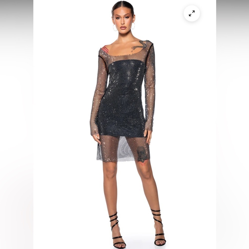 AKIRA Black Rhinestone Sheer Mesh Long Sleeve Mini Dress